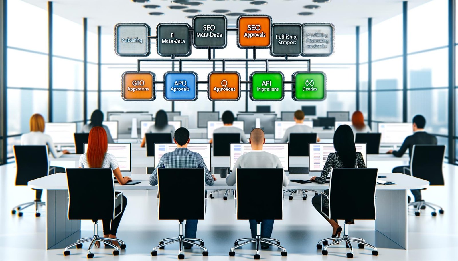 Team in moderner Redaktion arbeitet effizient an Laptops und Monitoren mit sichtbarer Workflow-Checkliste, Ghost CMS-Logos und Headless CMS-Symbolen.