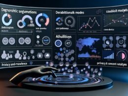 Modernes Dashboard mit dunklem Hintergrund, zahlreichen Diagrammen, Heatmaps, Symbolen für Cross-Device-Tracking sowie Privacy- und Consent-Hinweisen. Im Vordergrund eine Hand, die durch ein komplexes Datenlabyrinth navigiert, im Hintergrund abstrahierte Matrix-Grafiken.