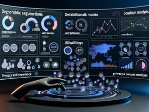 Modernes Dashboard mit dunklem Hintergrund, zahlreichen Diagrammen, Heatmaps, Symbolen für Cross-Device-Tracking sowie Privacy- und Consent-Hinweisen. Im Vordergrund eine Hand, die durch ein komplexes Datenlabyrinth navigiert, im Hintergrund abstrahierte Matrix-Grafiken.