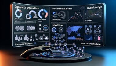 Modernes Dashboard mit dunklem Hintergrund, zahlreichen Diagrammen, Heatmaps, Symbolen für Cross-Device-Tracking sowie Privacy- und Consent-Hinweisen. Im Vordergrund eine Hand, die durch ein komplexes Datenlabyrinth navigiert, im Hintergrund abstrahierte Matrix-Grafiken.