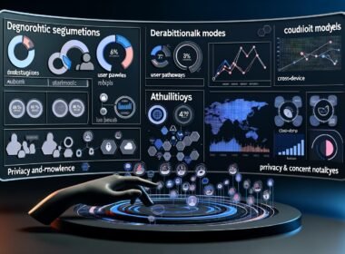 Modernes Dashboard mit dunklem Hintergrund, zahlreichen Diagrammen, Heatmaps, Symbolen für Cross-Device-Tracking sowie Privacy- und Consent-Hinweisen. Im Vordergrund eine Hand, die durch ein komplexes Datenlabyrinth navigiert, im Hintergrund abstrahierte Matrix-Grafiken.