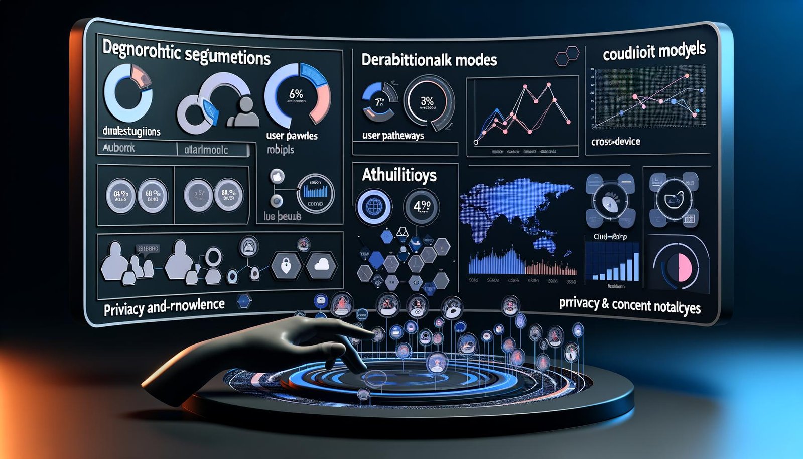Modernes Dashboard mit dunklem Hintergrund, zahlreichen Diagrammen, Heatmaps, Symbolen für Cross-Device-Tracking sowie Privacy- und Consent-Hinweisen. Im Vordergrund eine Hand, die durch ein komplexes Datenlabyrinth navigiert, im Hintergrund abstrahierte Matrix-Grafiken.