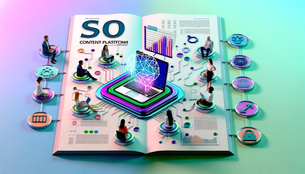 Minimalistische Titelseite mit einem Laptop, auf dem eine SEO-Content-Plattform mit Analytics-Diagrammen, Keyword-Grafiken und KI-Symbolen zu sehen ist; umgeben von Redakteur, Business-Person und Programmiererin in futuristischer Umgebung.