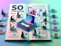 Minimalistische Titelseite mit einem Laptop, auf dem eine SEO-Content-Plattform mit Analytics-Diagrammen, Keyword-Grafiken und KI-Symbolen zu sehen ist; umgeben von Redakteur, Business-Person und Programmiererin in futuristischer Umgebung.