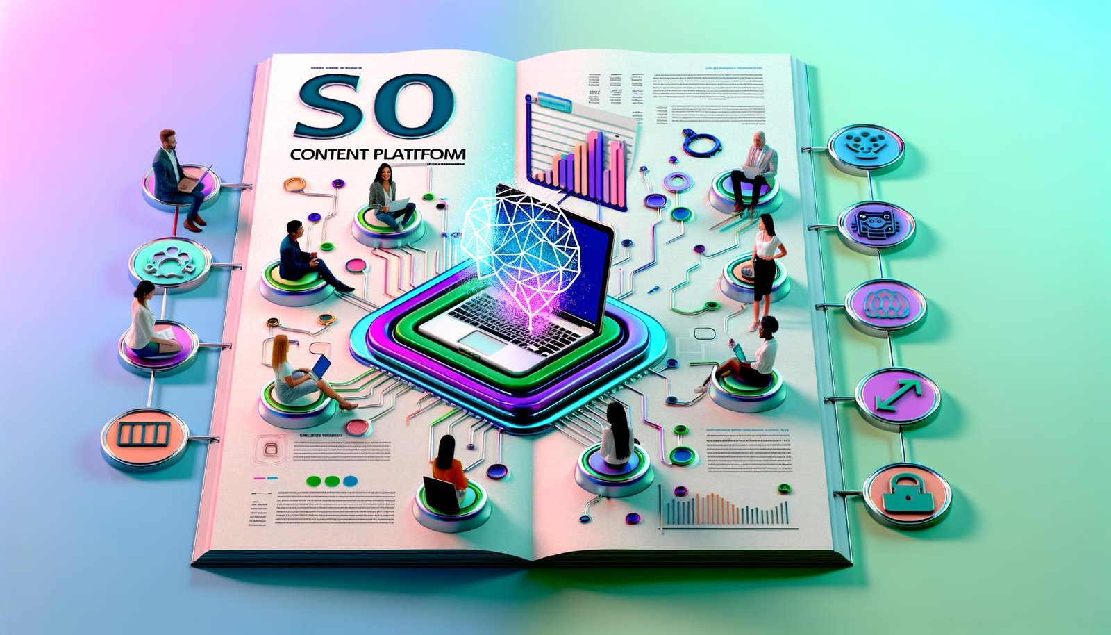 Minimalistische Titelseite mit einem Laptop, auf dem eine SEO-Content-Plattform mit Analytics-Diagrammen, Keyword-Grafiken und KI-Symbolen zu sehen ist; umgeben von Redakteur, Business-Person und Programmiererin in futuristischer Umgebung.