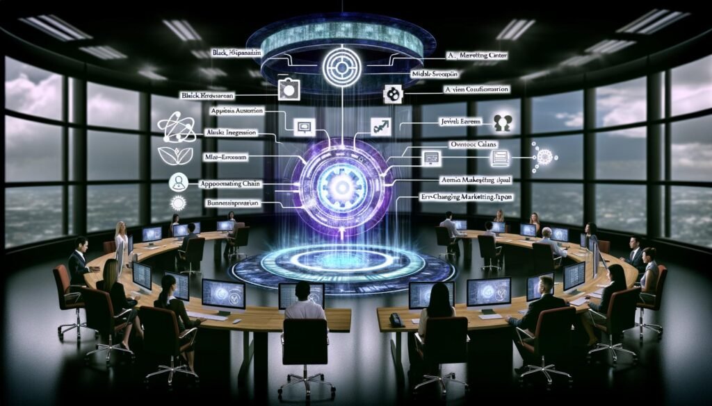 Modernes Büro mit Ghost CMS Steuerungspanel, API-Diagrammen, Automatisierungsketten, Tools wie Zapier, Next.js, Slack und verblassenden alten Geräten im Hintergrund.