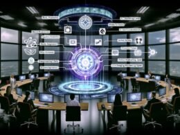 Modernes Büro mit Ghost CMS Steuerungspanel, API-Diagrammen, Automatisierungsketten, Tools wie Zapier, Next.js, Slack und verblassenden alten Geräten im Hintergrund.