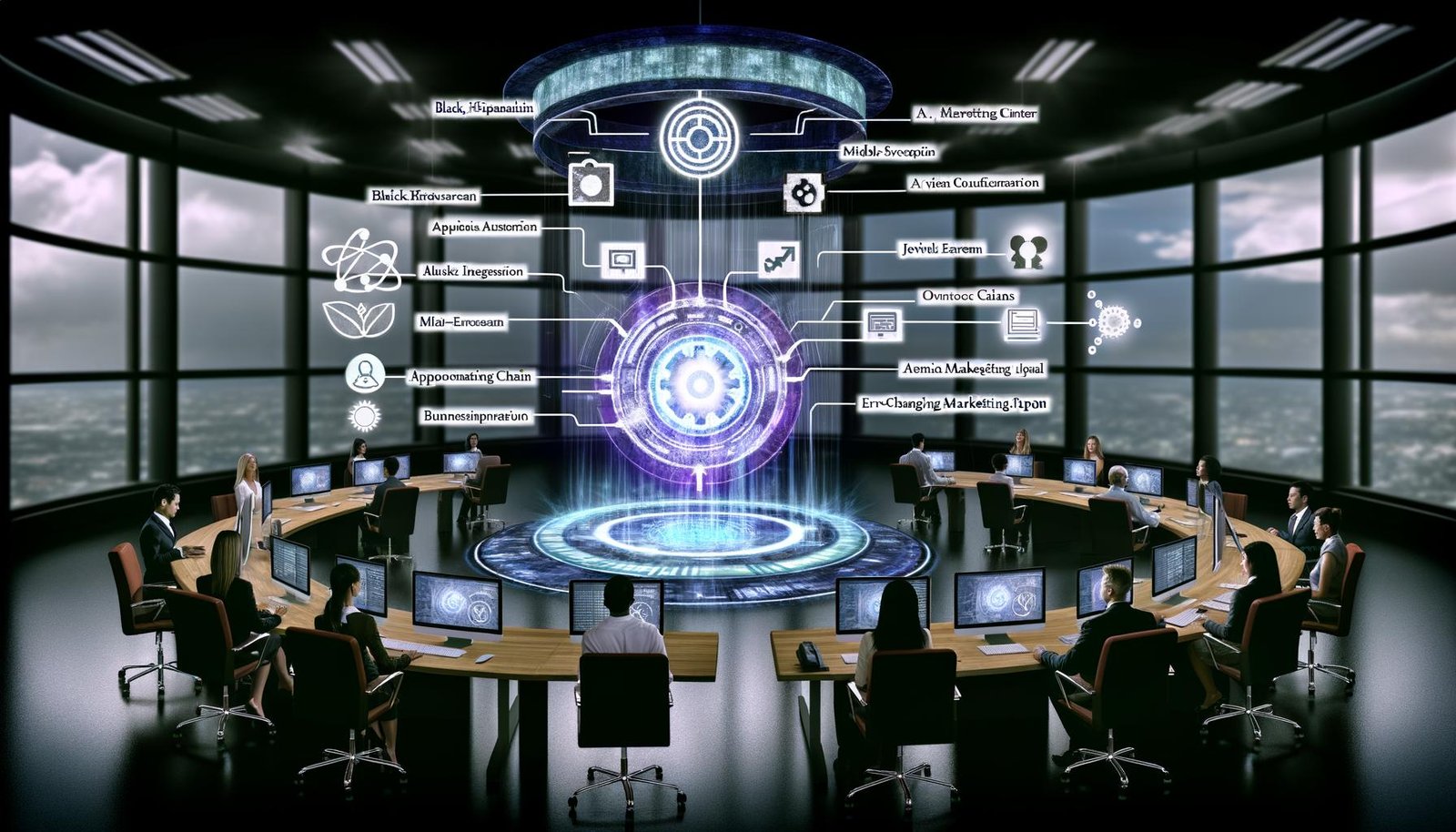 Modernes Büro mit Ghost CMS Steuerungspanel, API-Diagrammen, Automatisierungsketten, Tools wie Zapier, Next.js, Slack und verblassenden alten Geräten im Hintergrund.