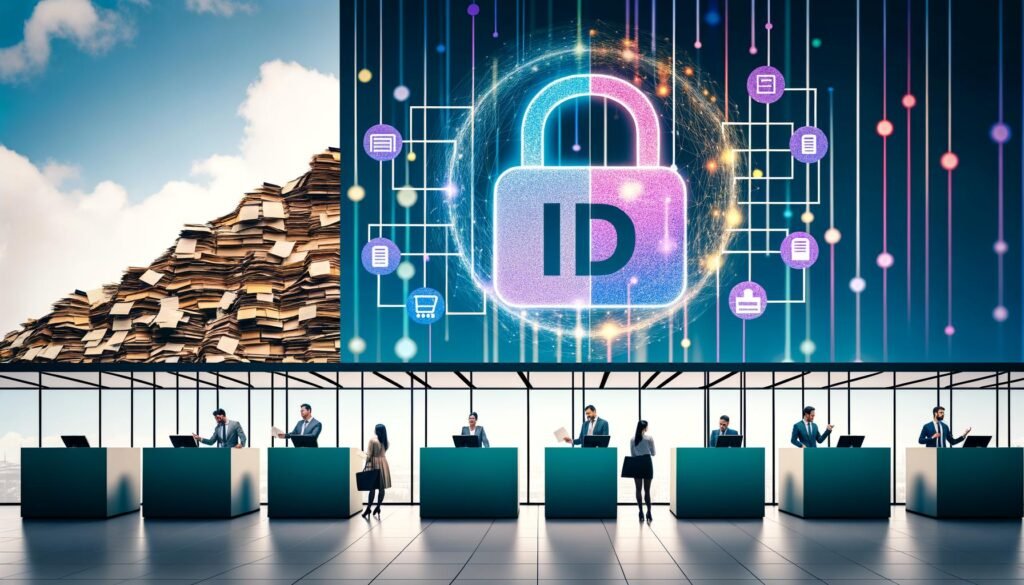 Futuristische deutsche Behörde mit Aktenbergen, Papierstapeln und klassischen Schaltern auf der linken Seite, nahtloser Übergang zu digitalen Terminals und Datenströmen auf der rechten Seite, im Zentrum eine leuchtende ID-Nummer als Datengateway.