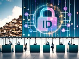 Futuristische deutsche Behörde mit Aktenbergen, Papierstapeln und klassischen Schaltern auf der linken Seite, nahtloser Übergang zu digitalen Terminals und Datenströmen auf der rechten Seite, im Zentrum eine leuchtende ID-Nummer als Datengateway.