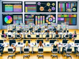 Moderne Redaktion mit Personen an Schreibtischen, umgeben von Laptops, Bildschirmen mit SEO-Tools, Gantt-Charts und farbcodiertem Redaktionsplan.