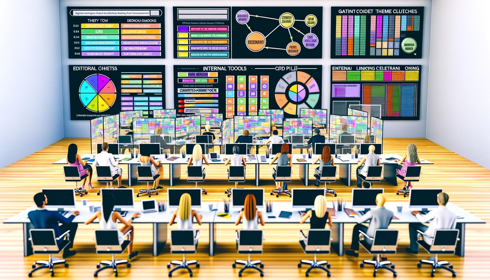 Moderne Redaktion mit Personen an Schreibtischen, umgeben von Laptops, Bildschirmen mit SEO-Tools, Gantt-Charts und farbcodiertem Redaktionsplan.