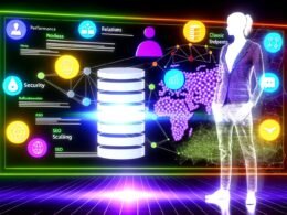 Futuristische Illustration eines Entwicklers vor einem gigantischen Bildschirm mit typischen GraphQL-Elementen, verblassten REST-Endpoints sowie umgebenden Icons für Performance, Sicherheit, SEO und Skalierung und abstrahiertem Headless CMS.