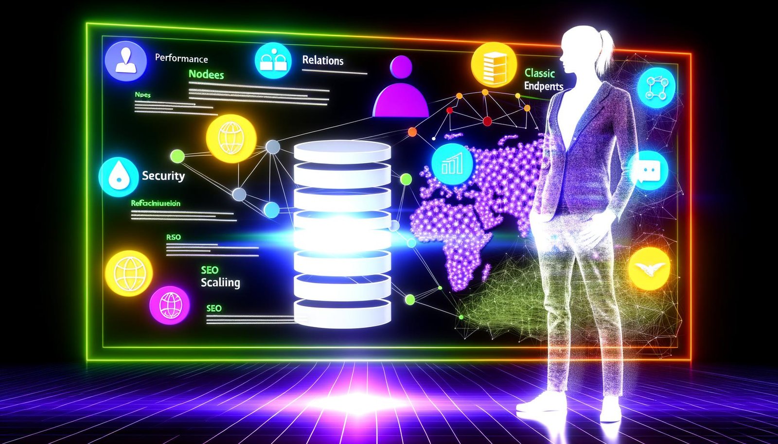 Futuristische Illustration eines Entwicklers vor einem gigantischen Bildschirm mit typischen GraphQL-Elementen, verblassten REST-Endpoints sowie umgebenden Icons für Performance, Sicherheit, SEO und Skalierung und abstrahiertem Headless CMS.