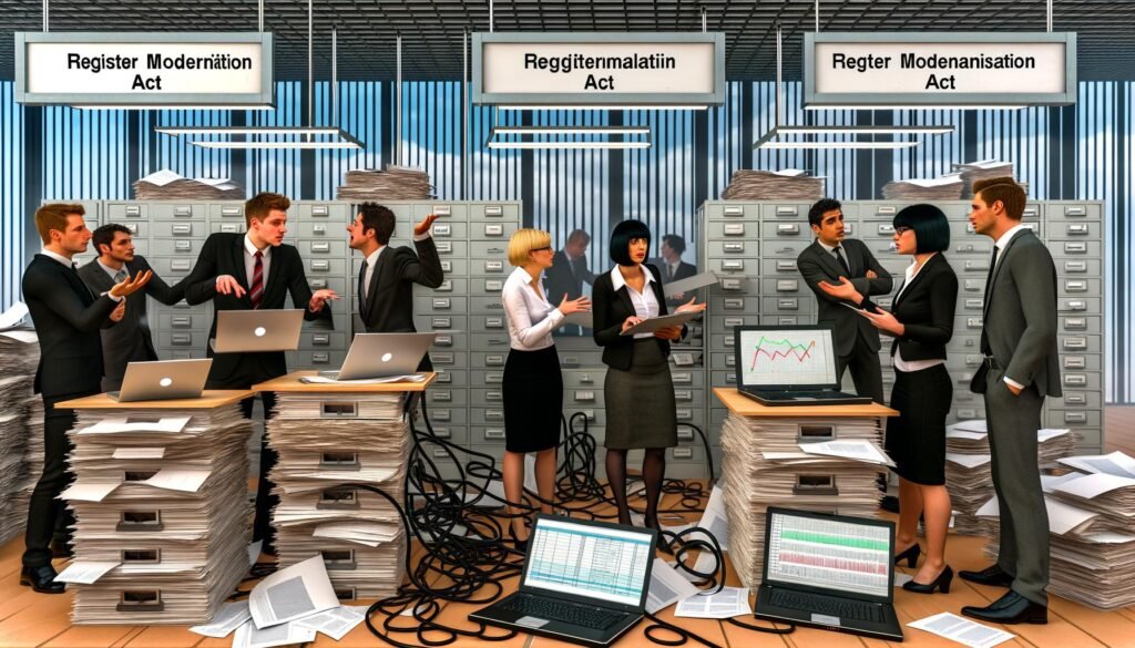 Konfliktreiche Szene in einem deutschen Großraumbüro mit Papierbergen, modernen Laptops, chaotischen Kabeln und diskutierenden Mitarbeitern vor Registermodernisierungsgesetz-Banner