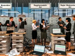 Konfliktreiche Szene in einem deutschen Großraumbüro mit Papierbergen, modernen Laptops, chaotischen Kabeln und diskutierenden Mitarbeitern vor Registermodernisierungsgesetz-Banner