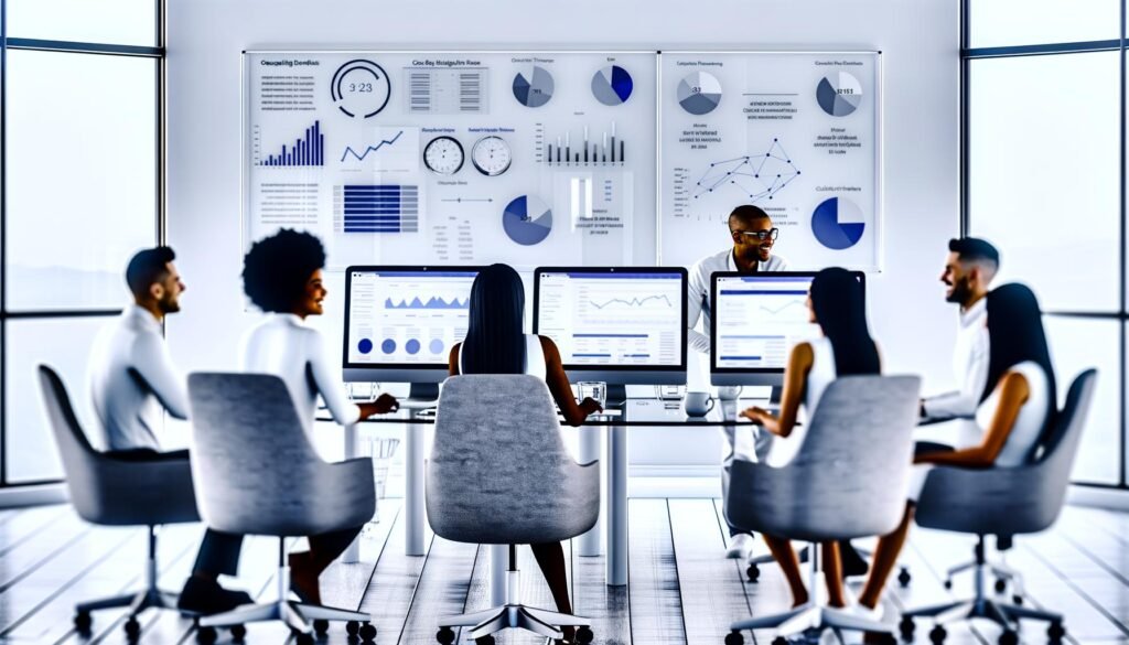 Modernes, weiß-blaues Büro mit mehreren Monitoren, die SEO-Metriken, Charts und Analysen anzeigen. Teammitglieder diskutieren die Daten vor Whiteboards mit technischen Notizen.