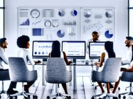 Modernes, weiß-blaues Büro mit mehreren Monitoren, die SEO-Metriken, Charts und Analysen anzeigen. Teammitglieder diskutieren die Daten vor Whiteboards mit technischen Notizen.