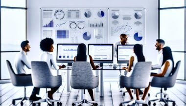 Modernes, weiß-blaues Büro mit mehreren Monitoren, die SEO-Metriken, Charts und Analysen anzeigen. Teammitglieder diskutieren die Daten vor Whiteboards mit technischen Notizen.