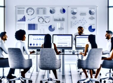 Modernes, weiß-blaues Büro mit mehreren Monitoren, die SEO-Metriken, Charts und Analysen anzeigen. Teammitglieder diskutieren die Daten vor Whiteboards mit technischen Notizen.