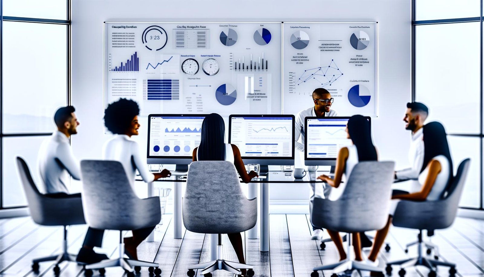 Modernes, weiß-blaues Büro mit mehreren Monitoren, die SEO-Metriken, Charts und Analysen anzeigen. Teammitglieder diskutieren die Daten vor Whiteboards mit technischen Notizen.