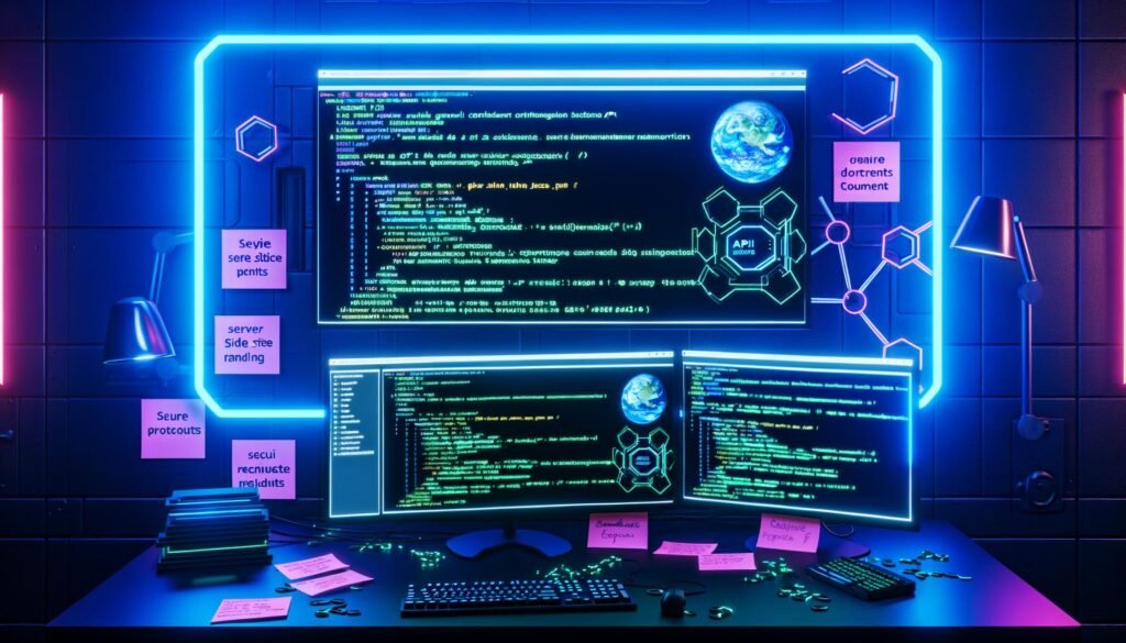 Futuristisch beleuchteter Arbeitsplatz mit mehreren Monitoren: Ghost CMS Backend, API-Schlüssel, Code-Snippets zur Ghost Content API und technische Diagramme zum Headless-Content-Flow zwischen Ghost und Frameworks wie Next.js, Astro und Gatsby, umgeben von technischen Referenzen und Notizen.
