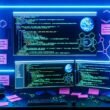 Futuristisch beleuchteter Arbeitsplatz mit mehreren Monitoren: Ghost CMS Backend, API-Schlüssel, Code-Snippets zur Ghost Content API und technische Diagramme zum Headless-Content-Flow zwischen Ghost und Frameworks wie Next.js, Astro und Gatsby, umgeben von technischen Referenzen und Notizen.