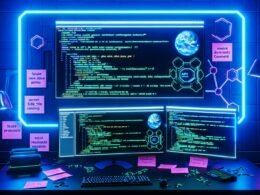 Futuristisch beleuchteter Arbeitsplatz mit mehreren Monitoren: Ghost CMS Backend, API-Schlüssel, Code-Snippets zur Ghost Content API und technische Diagramme zum Headless-Content-Flow zwischen Ghost und Frameworks wie Next.js, Astro und Gatsby, umgeben von technischen Referenzen und Notizen.