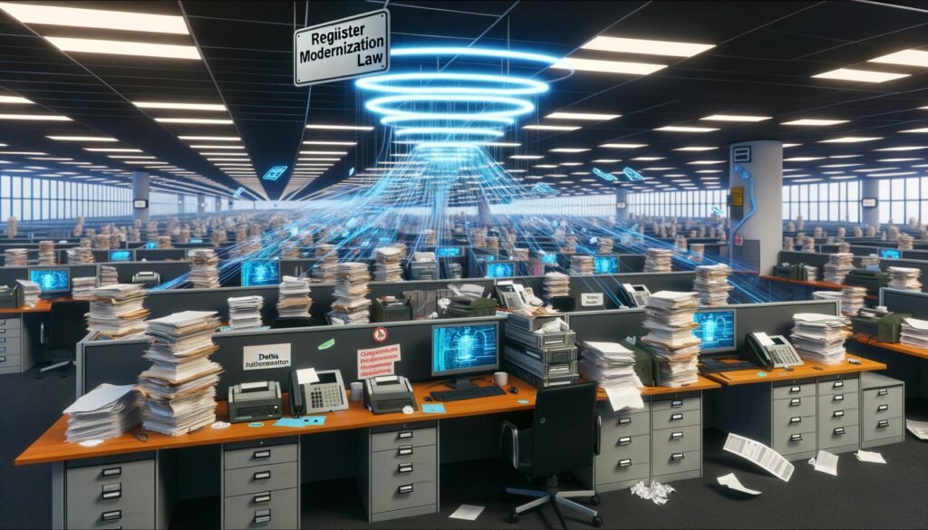 Chaotisches Großraumbüro in der deutschen Verwaltung mit Papierbergen, Laptops, Datenströmen, zerbröckelndem Digitalisierungsfahrplan und Hindernissen wie Datenschutz und Föderalismus.