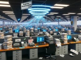 Chaotisches Großraumbüro in der deutschen Verwaltung mit Papierbergen, Laptops, Datenströmen, zerbröckelndem Digitalisierungsfahrplan und Hindernissen wie Datenschutz und Föderalismus.