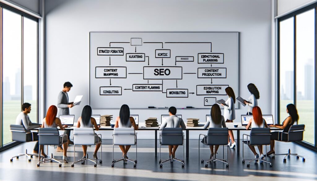 Aufgeräumter Büroraum mit Whiteboard, auf dem ein SEO-Content-System-Workflow zu sehen ist. Kreative und SEOs arbeiten fokussiert an Laptops, während auf einem Nebentisch alte Content-Notizen liegen.