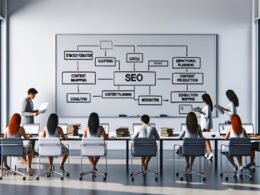 Aufgeräumter Büroraum mit Whiteboard, auf dem ein SEO-Content-System-Workflow zu sehen ist. Kreative und SEOs arbeiten fokussiert an Laptops, während auf einem Nebentisch alte Content-Notizen liegen.