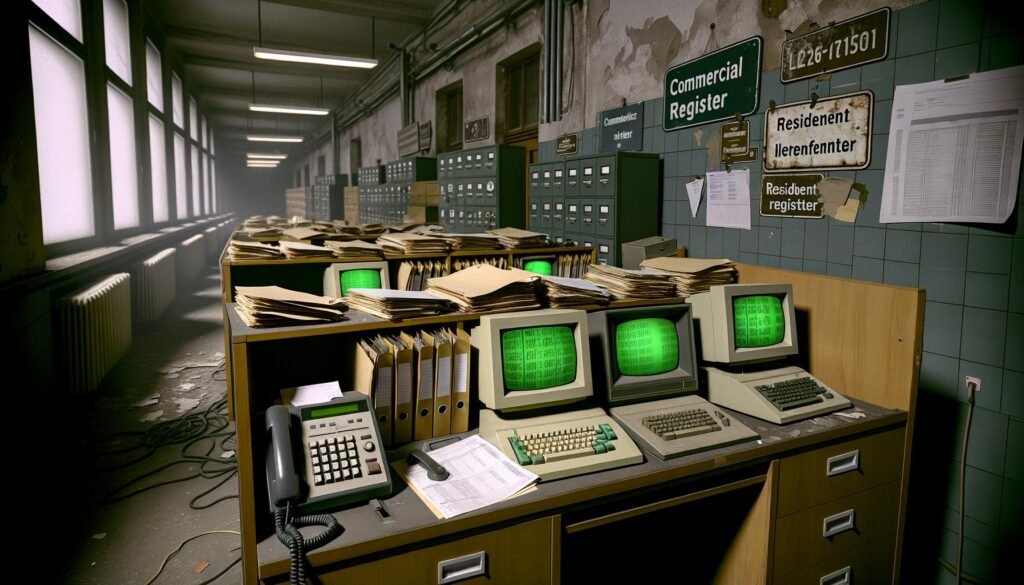 Veraltetes deutsches Büro mit Aktenordnern, alten Computern, Faxgeräten und einem modernen Zahlenschloss an einem Regal. Unordnung aus Kabeln und Schildern wie „Handelsregister“ im Hintergrund.