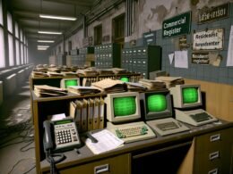 Veraltetes deutsches Büro mit Aktenordnern, alten Computern, Faxgeräten und einem modernen Zahlenschloss an einem Regal. Unordnung aus Kabeln und Schildern wie „Handelsregister“ im Hintergrund.