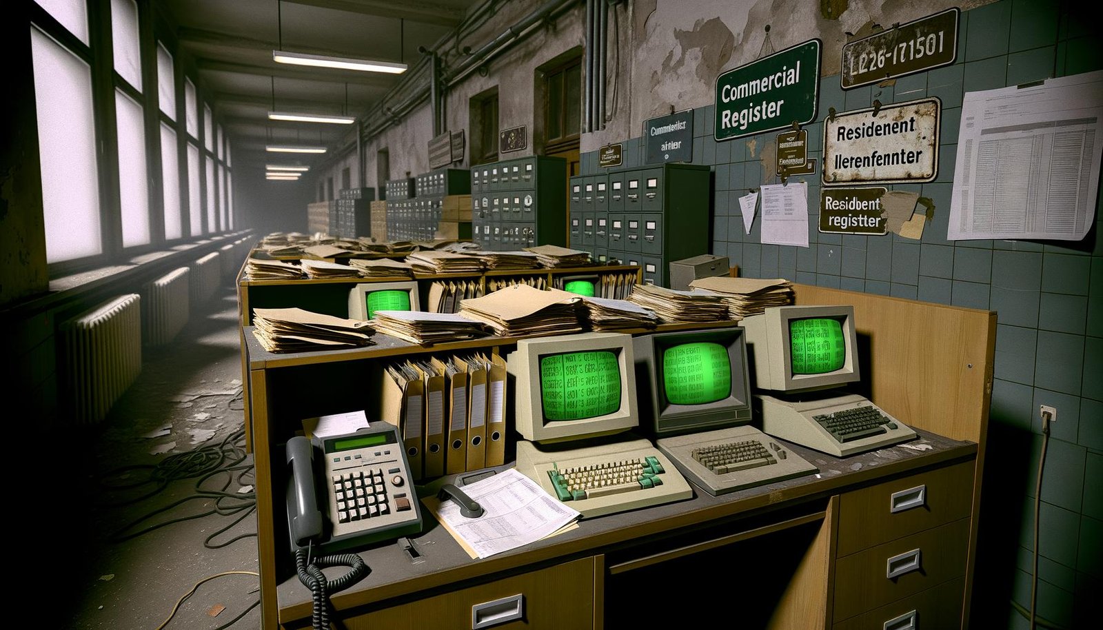 Veraltetes deutsches Büro mit Aktenordnern, alten Computern, Faxgeräten und einem modernen Zahlenschloss an einem Regal. Unordnung aus Kabeln und Schildern wie „Handelsregister“ im Hintergrund.
