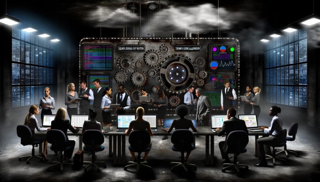 Geschäftsleute analysieren fokussiert Diagramme und SEO-Dashboards in einem großen, technisch ausgerüsteten Maschinenraum mit blinkenden Datenanzeigen und beweglichen Zahnrädern.