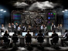 Geschäftsleute analysieren fokussiert Diagramme und SEO-Dashboards in einem großen, technisch ausgerüsteten Maschinenraum mit blinkenden Datenanzeigen und beweglichen Zahnrädern.