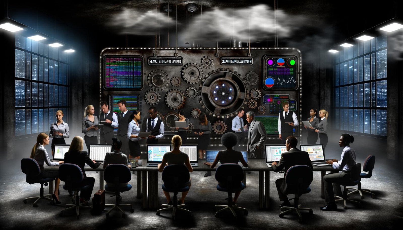 Geschäftsleute analysieren fokussiert Diagramme und SEO-Dashboards in einem großen, technisch ausgerüsteten Maschinenraum mit blinkenden Datenanzeigen und beweglichen Zahnrädern.