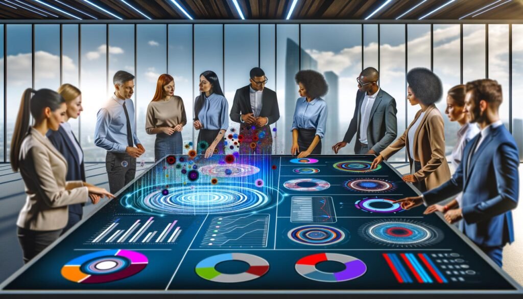 Futuristisches Büro mit Fachleuten, die an einem Touchscreen-Table Daten und Infografiken analysieren, im Hintergrund moderne Stadtlandschaft bei Nacht.