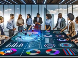 Futuristisches Büro mit Fachleuten, die an einem Touchscreen-Table Daten und Infografiken analysieren, im Hintergrund moderne Stadtlandschaft bei Nacht.