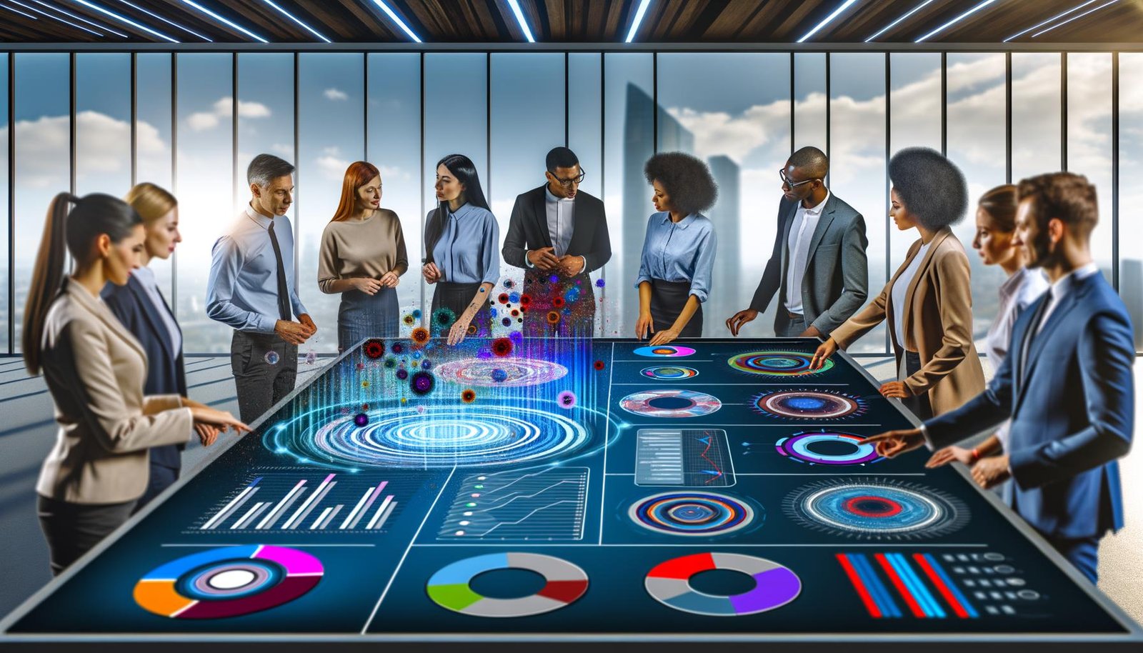 Futuristisches Büro mit Fachleuten, die an einem Touchscreen-Table Daten und Infografiken analysieren, im Hintergrund moderne Stadtlandschaft bei Nacht.