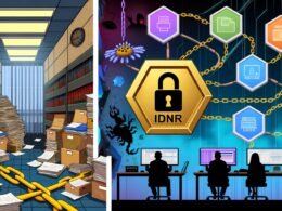 Illustrationen von der Digitalisierung in Behörden mit der IdNr als zentralem Element: Von Aktenbergen und Faxgeräten über komplexe Schnittstellen bis zum digital vernetzten Kontrollraum, mit Fokus auf Datenintegration, IT-Sicherheit und technische Herausforderungen.