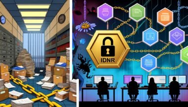 Illustrationen von der Digitalisierung in Behörden mit der IdNr als zentralem Element: Von Aktenbergen und Faxgeräten über komplexe Schnittstellen bis zum digital vernetzten Kontrollraum, mit Fokus auf Datenintegration, IT-Sicherheit und technische Herausforderungen.