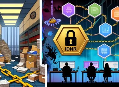 Illustrationen von der Digitalisierung in Behörden mit der IdNr als zentralem Element: Von Aktenbergen und Faxgeräten über komplexe Schnittstellen bis zum digital vernetzten Kontrollraum, mit Fokus auf Datenintegration, IT-Sicherheit und technische Herausforderungen.