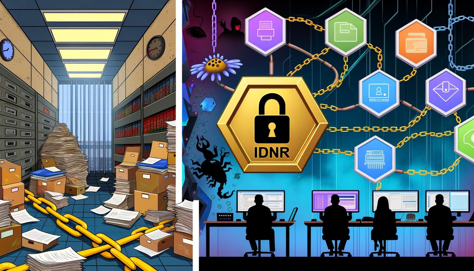 Illustrationen von der Digitalisierung in Behörden mit der IdNr als zentralem Element: Von Aktenbergen und Faxgeräten über komplexe Schnittstellen bis zum digital vernetzten Kontrollraum, mit Fokus auf Datenintegration, IT-Sicherheit und technische Herausforderungen.
