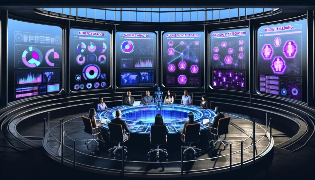 Futuristisches Kontrollzentrum mit Marketing-Analysten, digitalen Dashboards, holografischen Anzeigen und automatisierten Datenpipelines, unter Neonlicht.