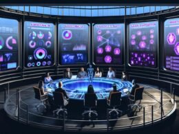 Futuristisches Kontrollzentrum mit Marketing-Analysten, digitalen Dashboards, holografischen Anzeigen und automatisierten Datenpipelines, unter Neonlicht.