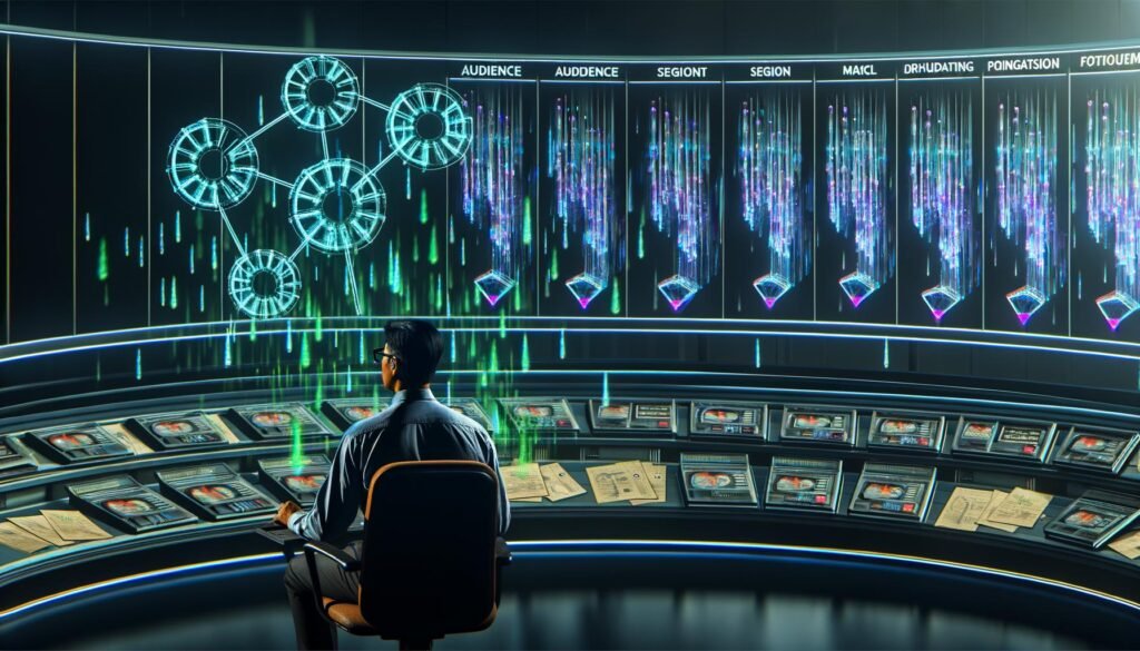 Ein Marketer im futuristischen Datenkontrollraum mit holografischen Dashboards, Zielgruppendiagrammen und leuchtenden Netzwerklinien, während alte Tools verblassen und moderne KI-Modelle dominieren.