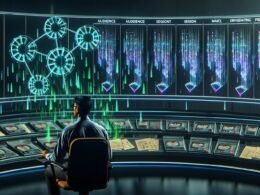 Ein Marketer im futuristischen Datenkontrollraum mit holografischen Dashboards, Zielgruppendiagrammen und leuchtenden Netzwerklinien, während alte Tools verblassen und moderne KI-Modelle dominieren.