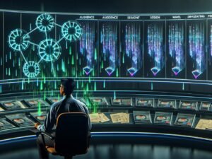 Ein Marketer im futuristischen Datenkontrollraum mit holografischen Dashboards, Zielgruppendiagrammen und leuchtenden Netzwerklinien, während alte Tools verblassen und moderne KI-Modelle dominieren.